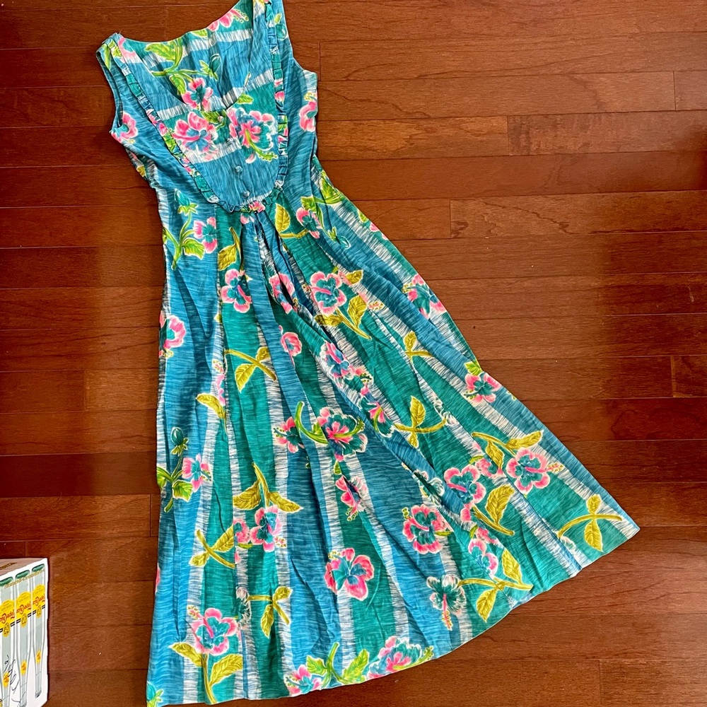 Vintage 60’s 70’s Blue Hawaiian maxi dress size Small hibiscus print tropical - Picture 3 of 10